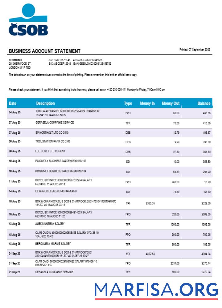 Blank Československá Obchodní Banka business bank company statement Word and PDF format real example